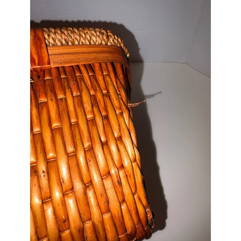 Vintage Woven Wicker Basket with Seagrass Wrapped Handle Rectangular Brown Decor